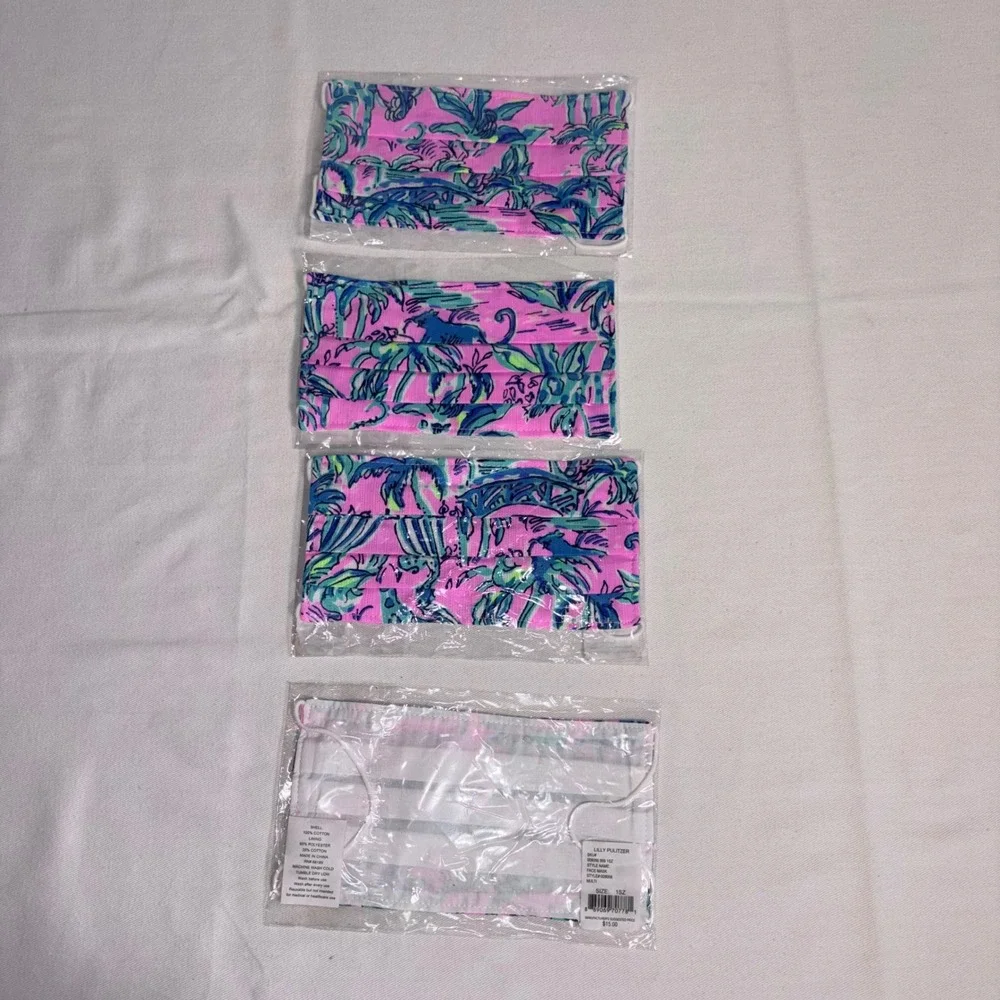 Lilly Pulitzer Face Mask Multi NEW 4 Pack Jungle Palm Print Pleated Cotton